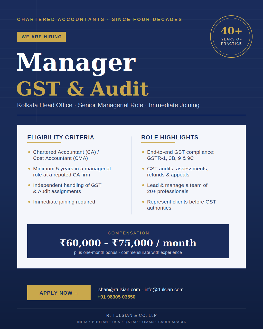 Manager – GST & Audit Vacancy – R Tulsian & Co. LLP